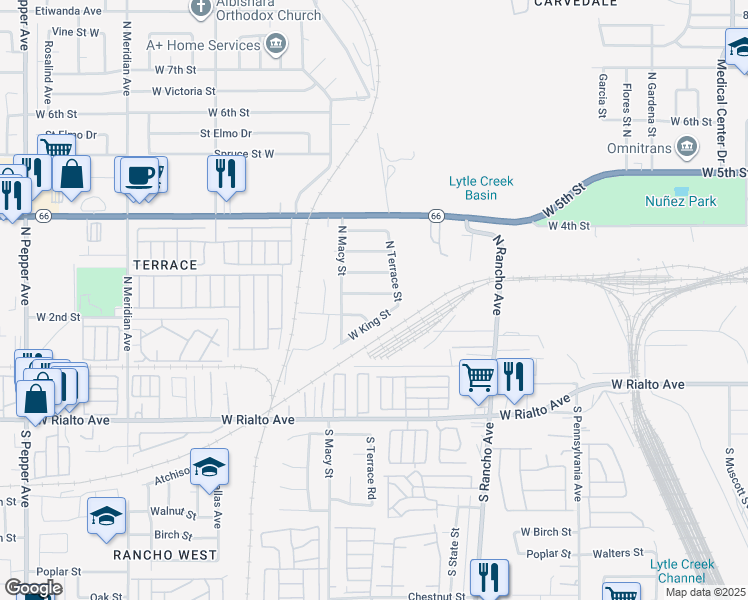 map of restaurants, bars, coffee shops, grocery stores, and more near in San Bernardino