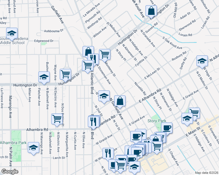 map of restaurants, bars, coffee shops, grocery stores, and more near 915 North Stoneman Avenue in Alhambra
