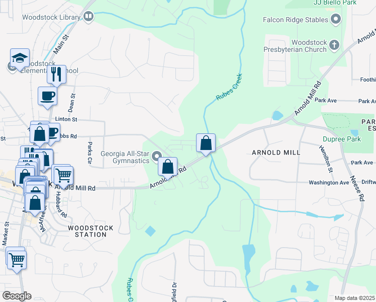 map of restaurants, bars, coffee shops, grocery stores, and more near 312 Thistle Court in Woodstock