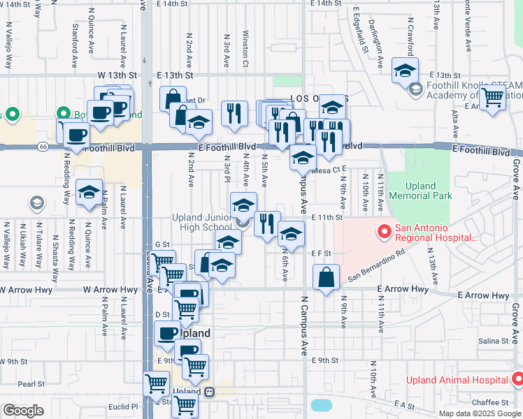 map of restaurants, bars, coffee shops, grocery stores, and more near 823 North 5th Avenue in Upland