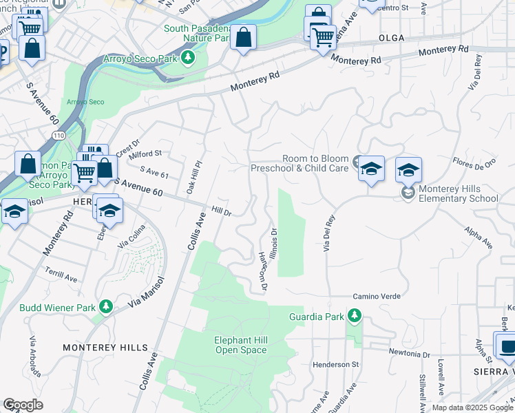 map of restaurants, bars, coffee shops, grocery stores, and more near 1818 Peterson Avenue in South Pasadena