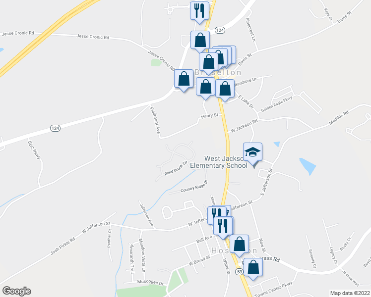 map of restaurants, bars, coffee shops, grocery stores, and more near 930 Blind Brook Circle in Hoschton