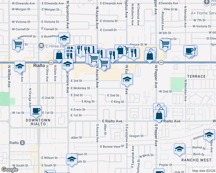 map of restaurants, bars, coffee shops, grocery stores, and more near 542 East Mckinley Street in Rialto