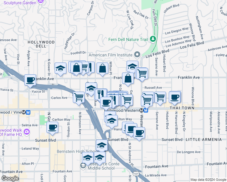 map of restaurants, bars, coffee shops, grocery stores, and more near 1812 Wilton Place in Los Angeles