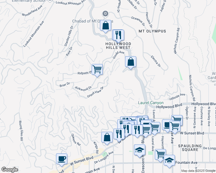 map of restaurants, bars, coffee shops, grocery stores, and more near 8300 Grand View Drive in Los Angeles