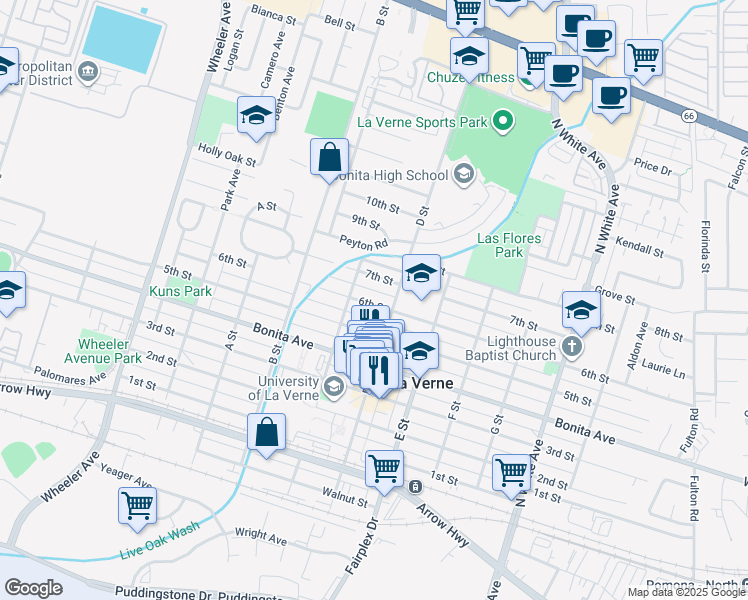 map of restaurants, bars, coffee shops, grocery stores, and more near 2051 6th Street in La Verne