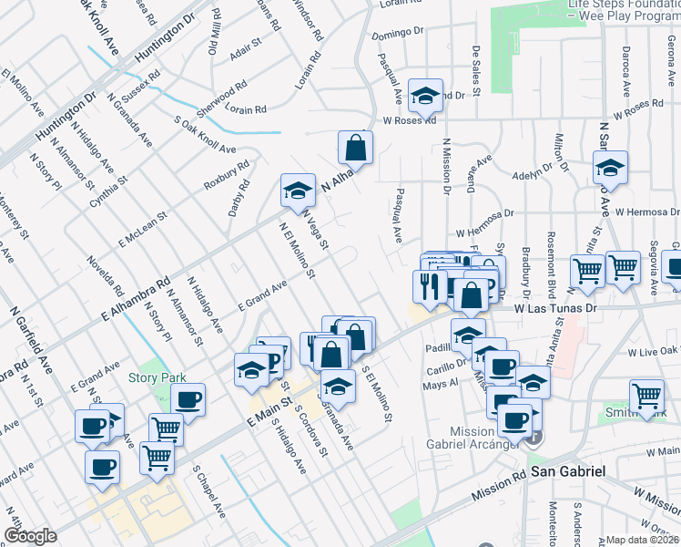 map of restaurants, bars, coffee shops, grocery stores, and more near North Vega Street in Alhambra