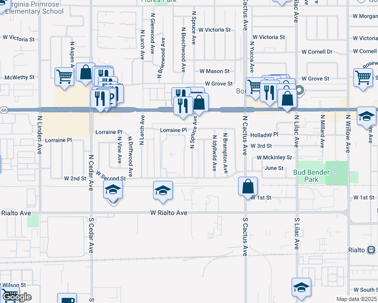map of restaurants, bars, coffee shops, grocery stores, and more near 240 North Spruce Avenue in Rialto