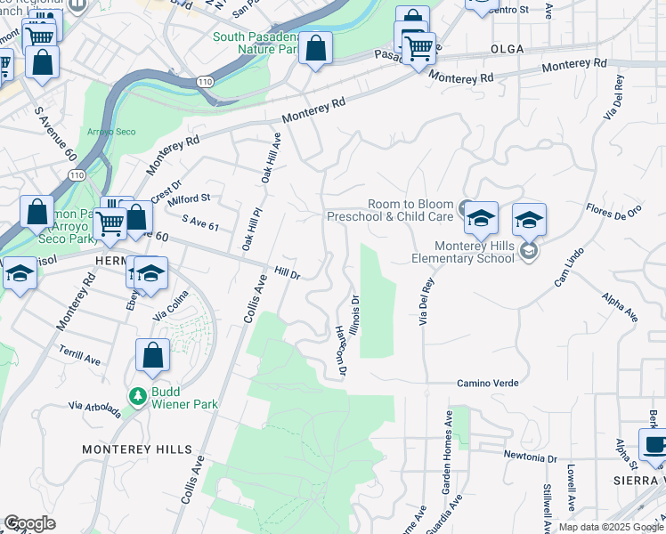 map of restaurants, bars, coffee shops, grocery stores, and more near 1818 Peterson Avenue in South Pasadena
