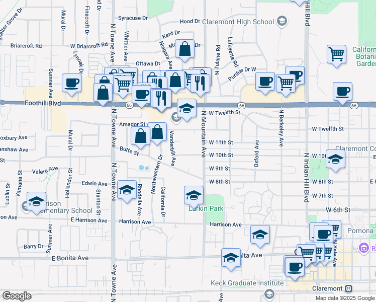 map of restaurants, bars, coffee shops, grocery stores, and more near 855 West 10th Street in Claremont