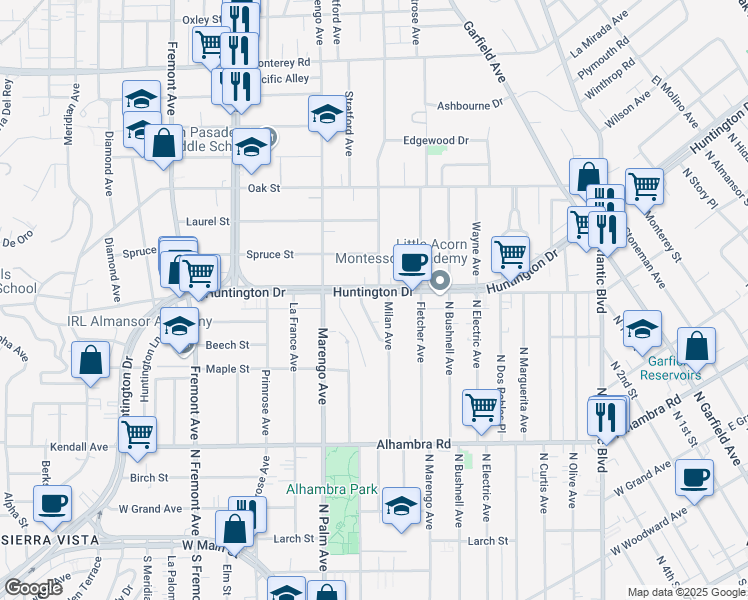 map of restaurants, bars, coffee shops, grocery stores, and more near 1809 Huntington Drive in South Pasadena