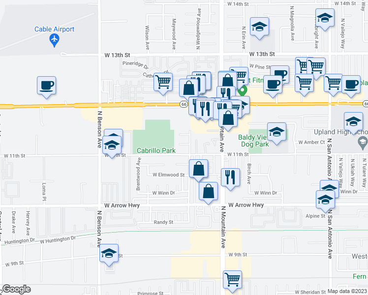 map of restaurants, bars, coffee shops, grocery stores, and more near 1328 Crofton Court in Upland