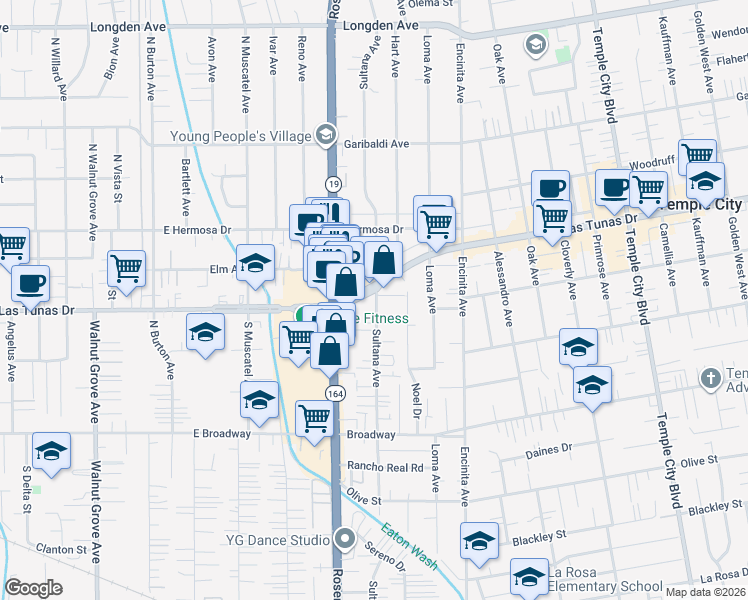 map of restaurants, bars, coffee shops, grocery stores, and more near 5727 Sultana Avenue in Temple City