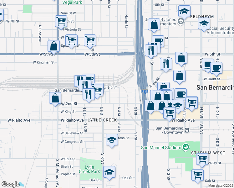 map of restaurants, bars, coffee shops, grocery stores, and more near 248 North J Street in San Bernardino