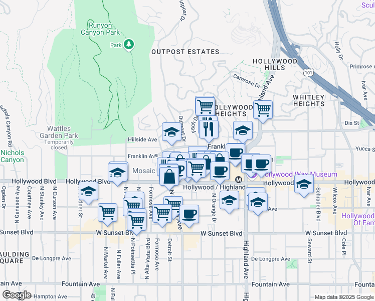 map of restaurants, bars, coffee shops, grocery stores, and more near 1791 North Sycamore Avenue in Los Angeles