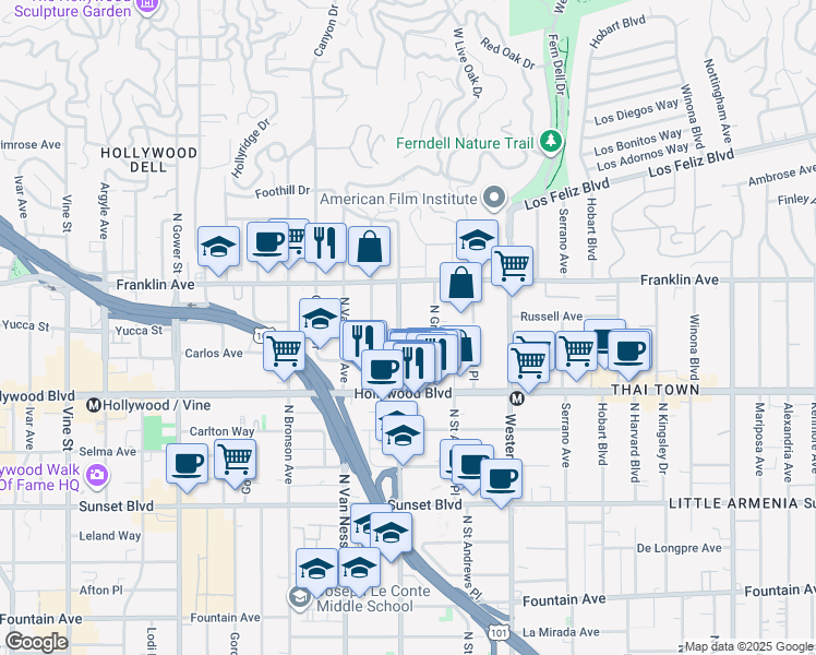 map of restaurants, bars, coffee shops, grocery stores, and more near 1812 Wilton Place in Los Angeles