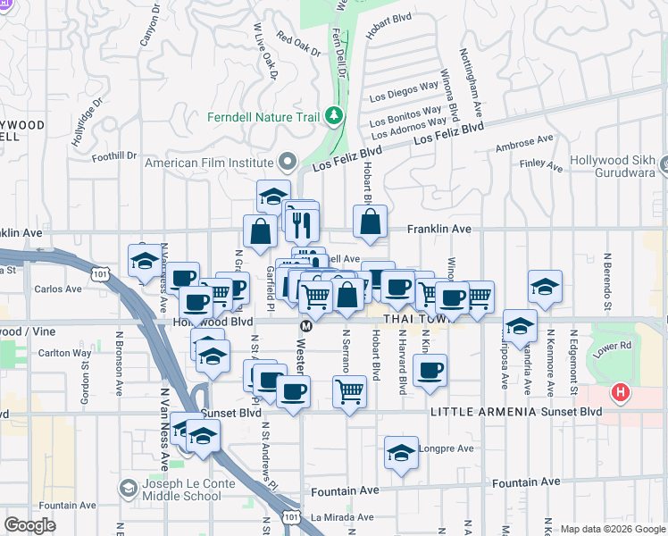 map of restaurants, bars, coffee shops, grocery stores, and more near 5408 Russell Avenue in Los Angeles