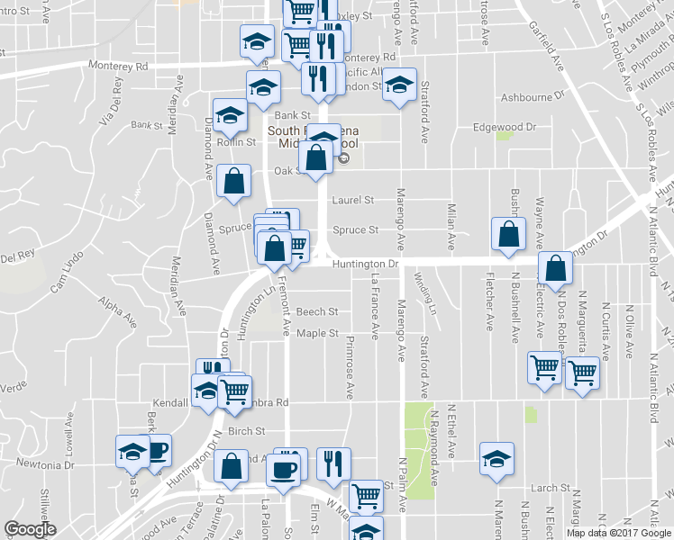 map of restaurants, bars, coffee shops, grocery stores, and more near 1517 Huntington Drive in South Pasadena