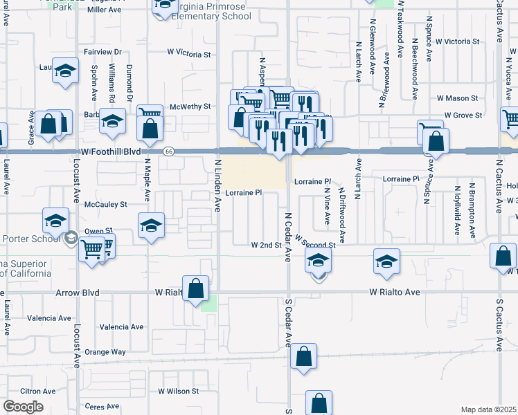 map of restaurants, bars, coffee shops, grocery stores, and more near 345 North Smoke Tree Avenue in Rialto