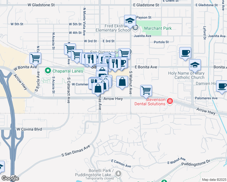 map of restaurants, bars, coffee shops, grocery stores, and more near 195 E Arrow Hwy in San Dimas