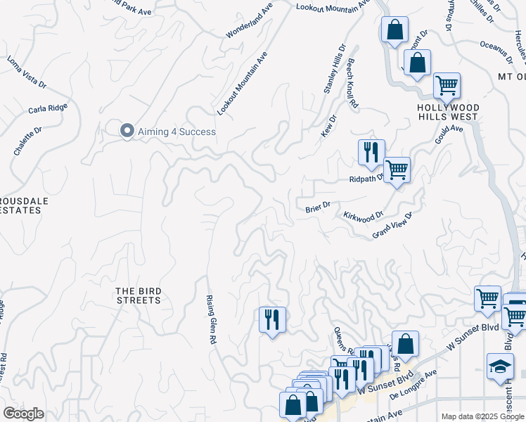 map of restaurants, bars, coffee shops, grocery stores, and more near 1943 Sunset Plaza Drive in Los Angeles
