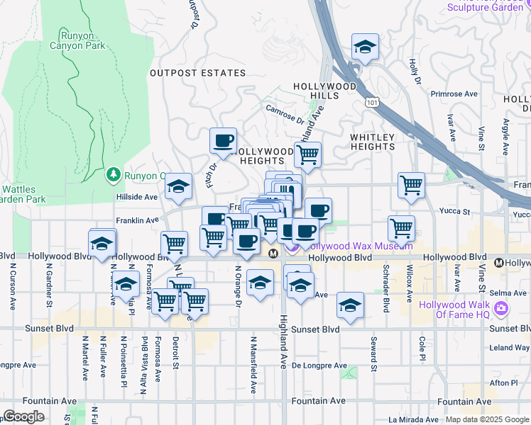 map of restaurants, bars, coffee shops, grocery stores, and more near 1778 Orchid Avenue in Los Angeles