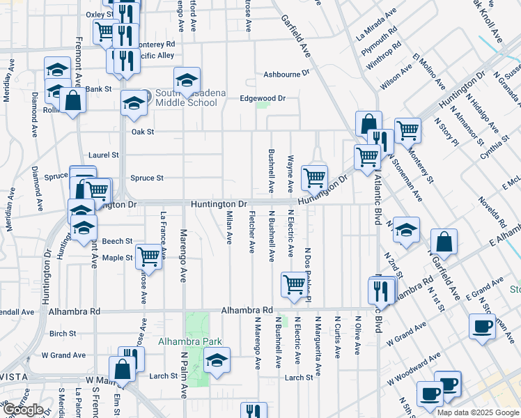 map of restaurants, bars, coffee shops, grocery stores, and more near 1949 Huntington Drive in South Pasadena