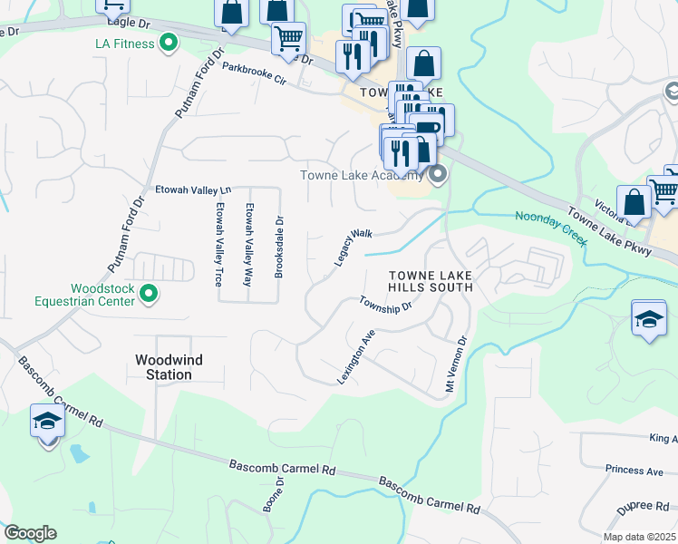 map of restaurants, bars, coffee shops, grocery stores, and more near 1045 Legacy Walk in Woodstock