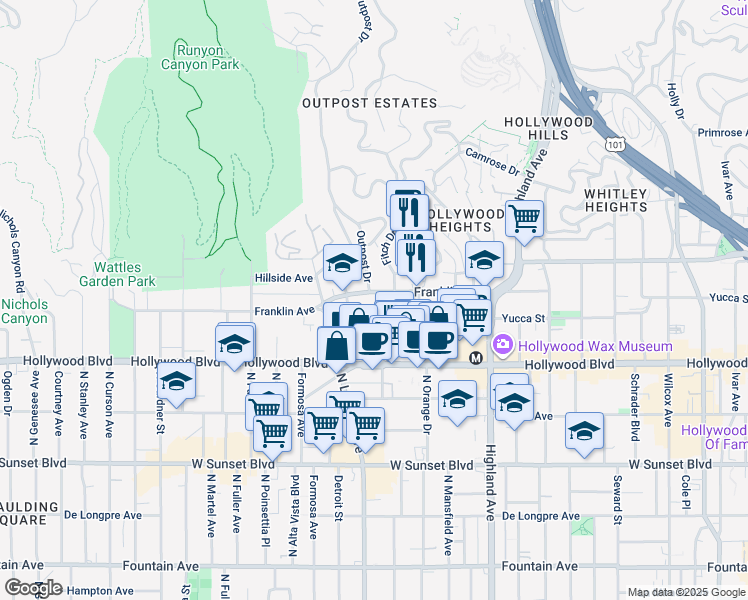 map of restaurants, bars, coffee shops, grocery stores, and more near 7060 Franklin Avenue in Los Angeles