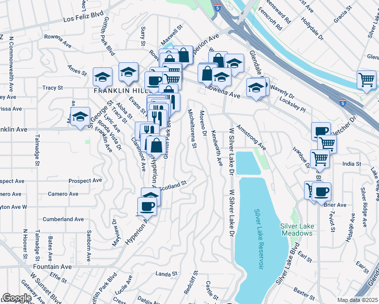 map of restaurants, bars, coffee shops, grocery stores, and more near 2470 Lanterman Terrace in Los Angeles