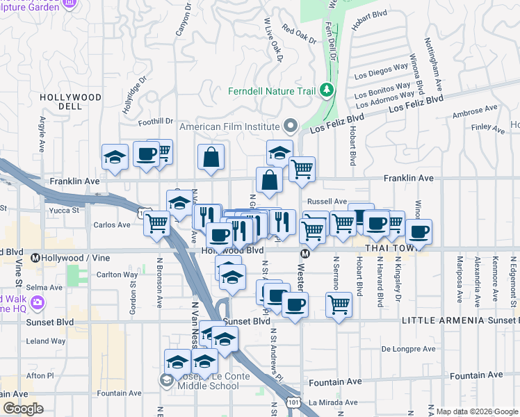 map of restaurants, bars, coffee shops, grocery stores, and more near 1812 North Gramercy Place in Los Angeles