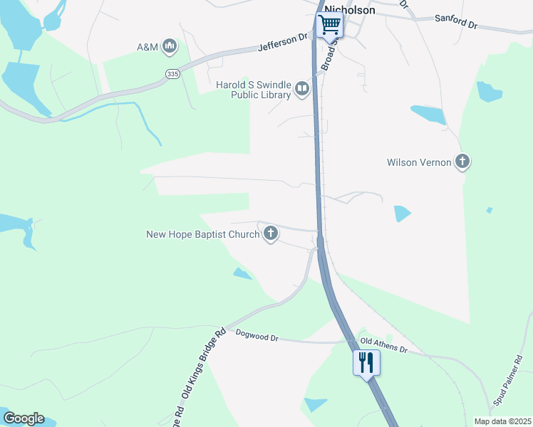 map of restaurants, bars, coffee shops, grocery stores, and more near 140 Stapler Drive in Nicholson