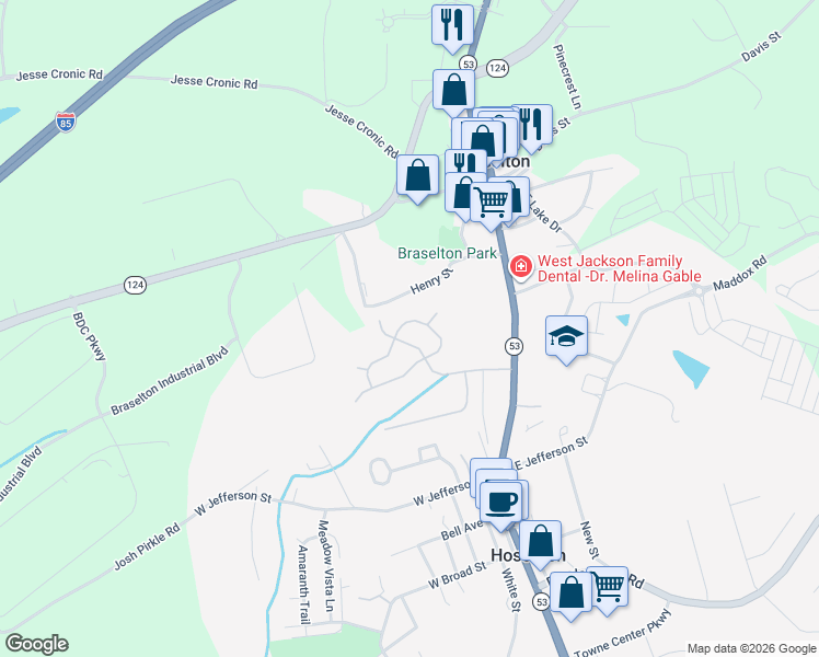 map of restaurants, bars, coffee shops, grocery stores, and more near 898 Blind Brook Circle in Hoschton