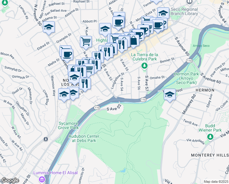 map of restaurants, bars, coffee shops, grocery stores, and more near 277 South Avenue 52 in Los Angeles