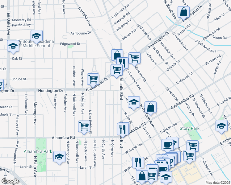 map of restaurants, bars, coffee shops, grocery stores, and more near 1000 North Olive Avenue in Alhambra