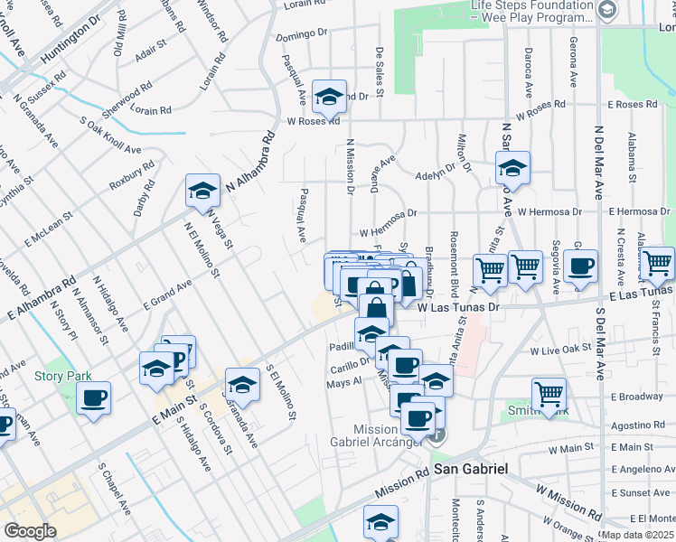 map of restaurants, bars, coffee shops, grocery stores, and more near 146 Bridge Street in San Gabriel