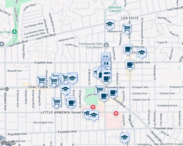 map of restaurants, bars, coffee shops, grocery stores, and more near 1806 North Berendo Street in Los Angeles