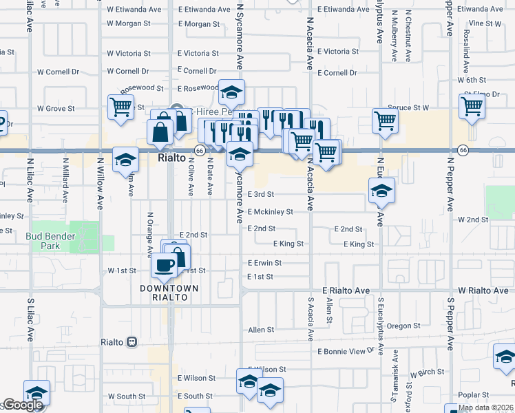 map of restaurants, bars, coffee shops, grocery stores, and more near 342 East Mckinley Street in Rialto