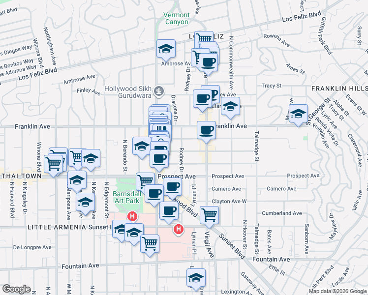 map of restaurants, bars, coffee shops, grocery stores, and more near 4555 Melbourne Avenue in Los Angeles