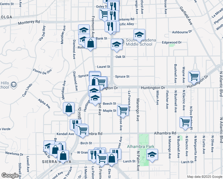map of restaurants, bars, coffee shops, grocery stores, and more near 1495 Huntington Drive in South Pasadena