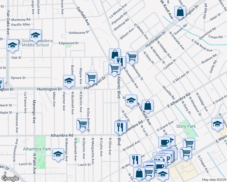 map of restaurants, bars, coffee shops, grocery stores, and more near 1000 North Olive Avenue in Alhambra