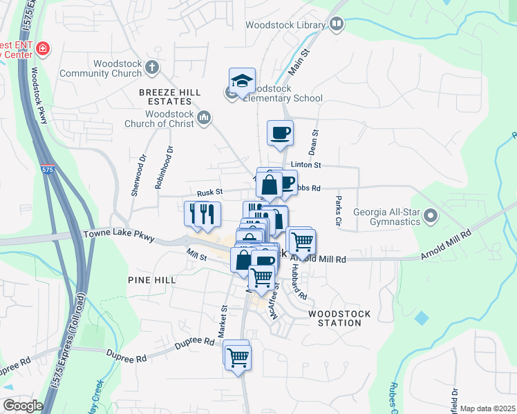 map of restaurants, bars, coffee shops, grocery stores, and more near 109 Rope Mill Road in Woodstock