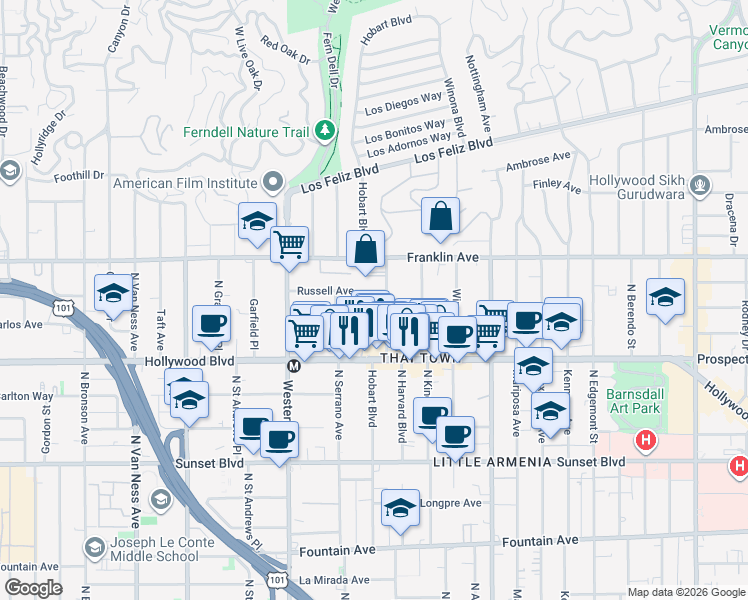 map of restaurants, bars, coffee shops, grocery stores, and more near 1818 1/2 North Harvard Boulevard in Los Angeles