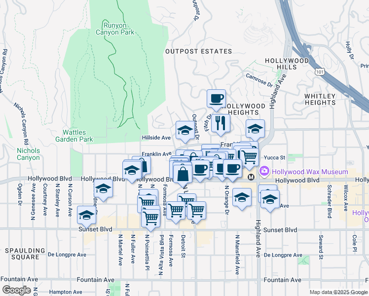 map of restaurants, bars, coffee shops, grocery stores, and more near 7104 Franklin Avenue in Los Angeles