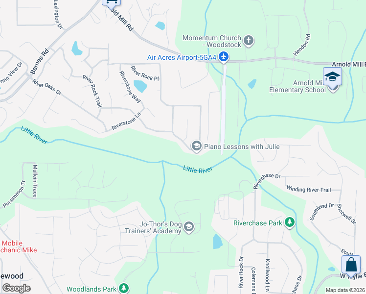 map of restaurants, bars, coffee shops, grocery stores, and more near 6022 Woodcreek Drive in Woodstock