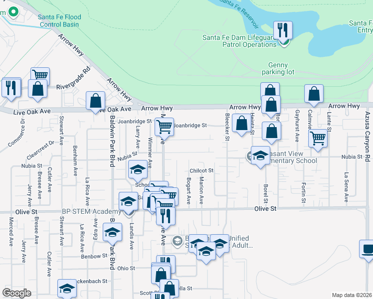map of restaurants, bars, coffee shops, grocery stores, and more near 14517 Baldwin Avenue in Baldwin Park