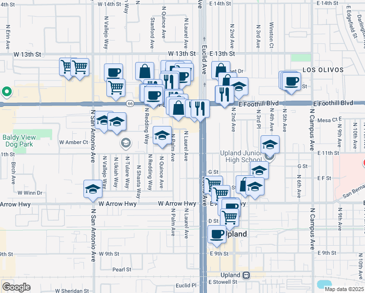 map of restaurants, bars, coffee shops, grocery stores, and more near 829 North Laurel Avenue in Upland