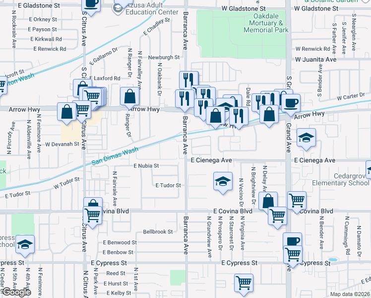 map of restaurants, bars, coffee shops, grocery stores, and more near 1335 North Barranca Avenue in Covina
