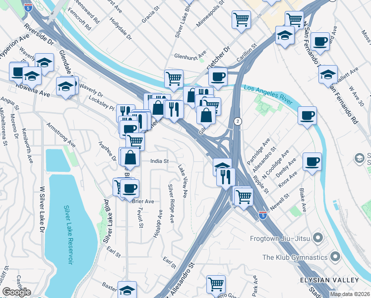 map of restaurants, bars, coffee shops, grocery stores, and more near 2592 Adelbert Avenue in Los Angeles