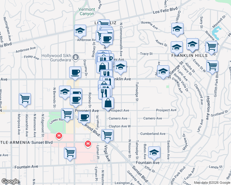map of restaurants, bars, coffee shops, grocery stores, and more near 1801 North Commonwealth Avenue in Los Angeles